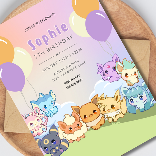 Eevee and Friends Editable Birthday Invite, Birthday Invitation for Boys Girls, Eevee Party Invite, Pokemon Party Invite for Kids 5x7