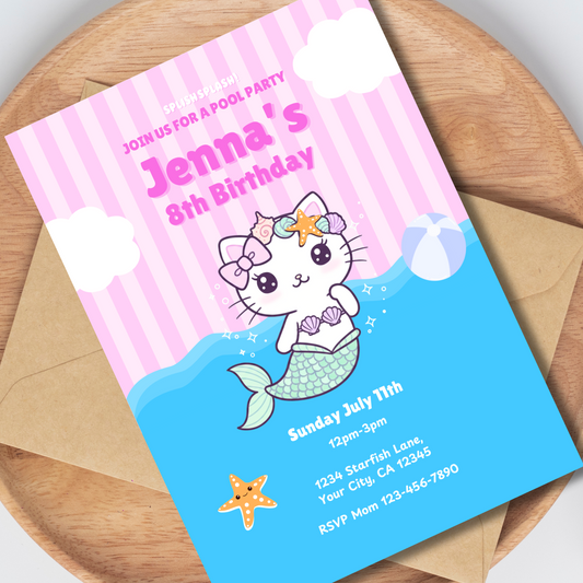 Cat Mermaid Pool Party Invitation, Kawaii Pool Party Invitation, Cute Splish Splash Pool Invite, Instant Download 5x7