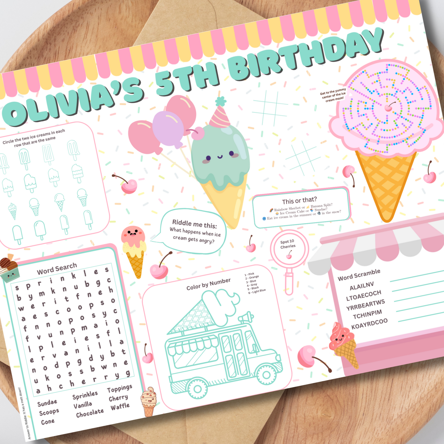 Ice Cream Activity Placemat, Printable Summer Activity Sheet, Ice Cream Party Game for Kids, Digital Download In Color