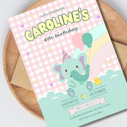 Elephant Birthday Invitation, Kawaii Elephant Party Invite, Editable Elephant Gingham Invitation Template, Kid’s Cute Elephant Birthday, Instant Download