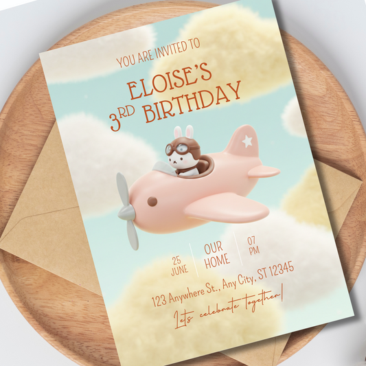 Airplane Kawaii Bunny Pilot Birthday Invitation, Editable Invite, Instant Download 5x7