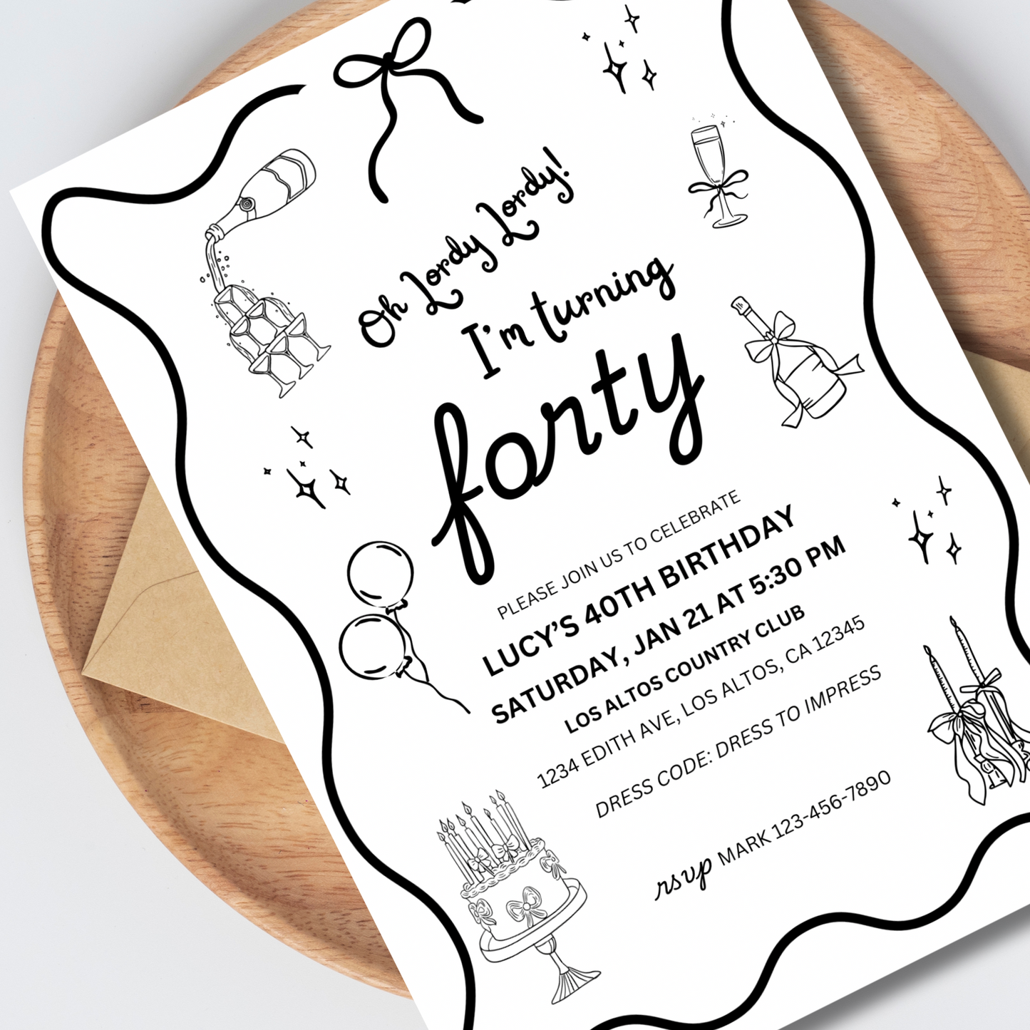 Oh Lordy Turning 40 Birthday Invitation Template, Coquette Bow Theme, 40th Bday Invite, Black & White Illustration Classy Party 5x7
