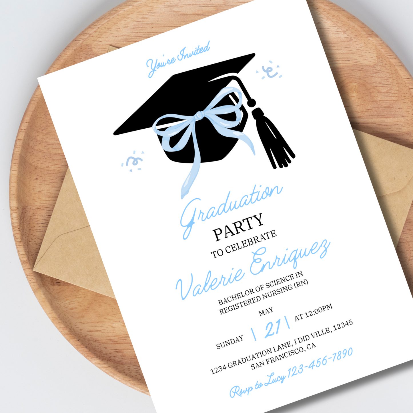 Graduation Invitation, Coquette Grad Cap Invite, Cute Blue Bow College Graduation Party Announcement, Senior Graduation Invite 5x7