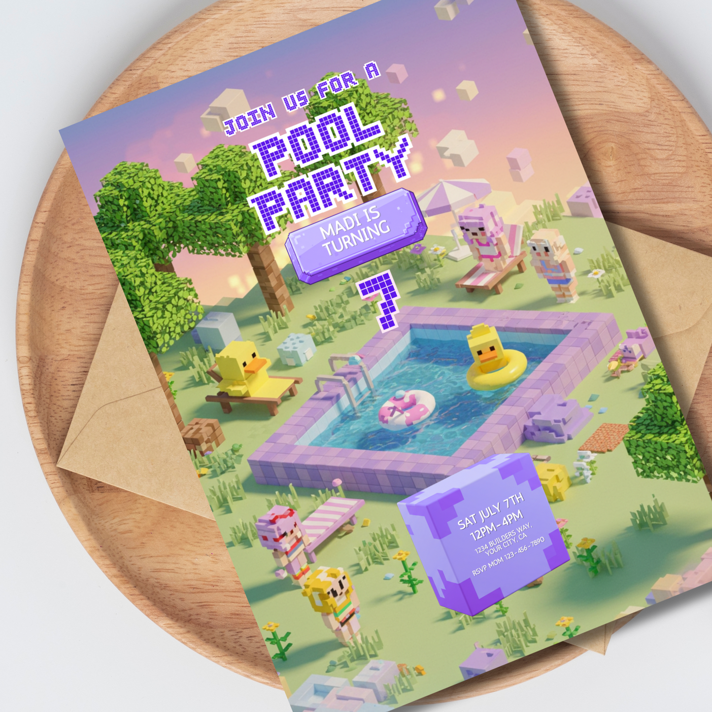 Pixel Pool Party Editable Invitation Template - Minecraft-Inspired Pink Pool Party Invite 5x7, Instant Download (Copy)