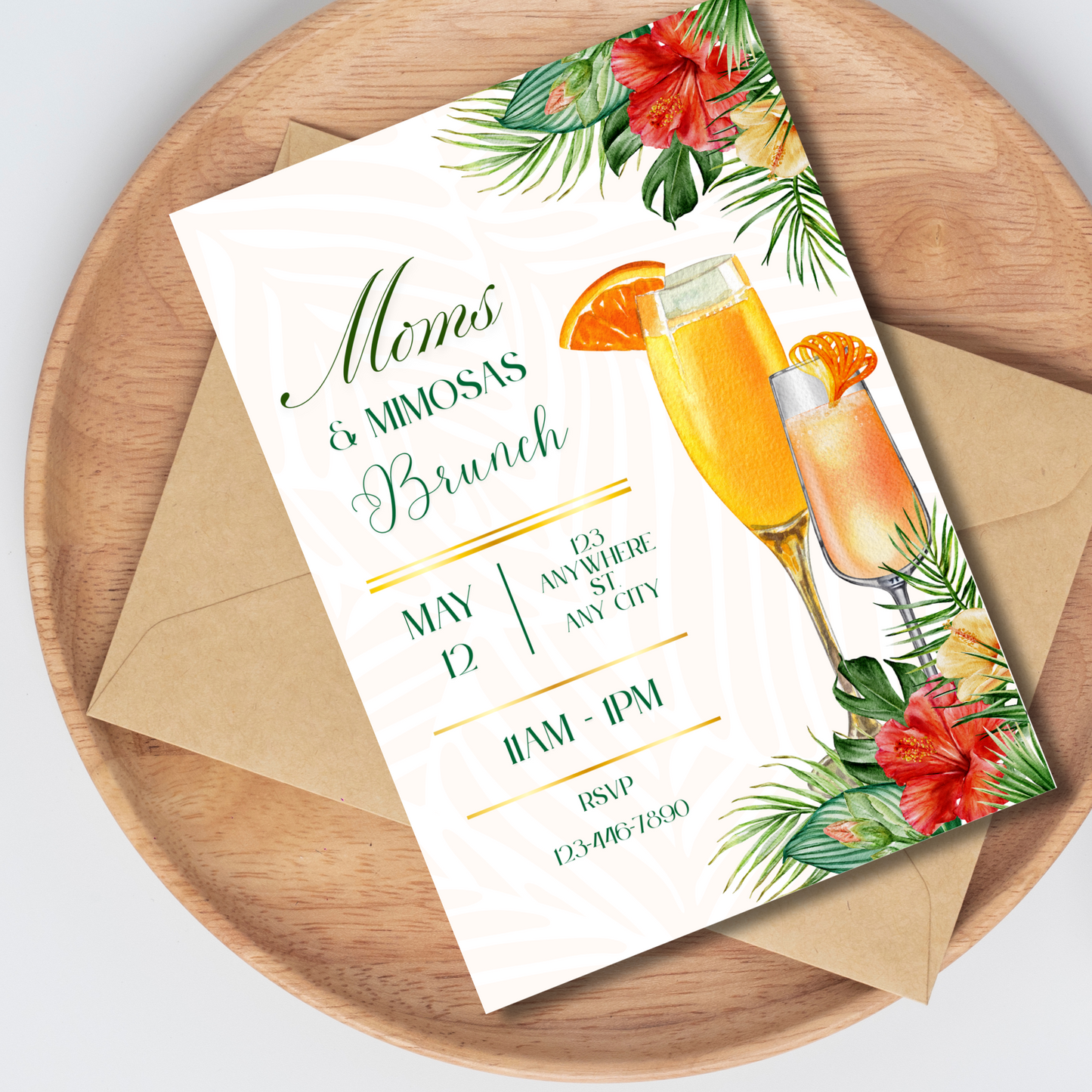 Moms & Mimosas Invite Editable, Mothers Day Celebration Invitation, Mothers Day Brunch Invite, Tropical Mimosa Brunch Party Printable 5x7