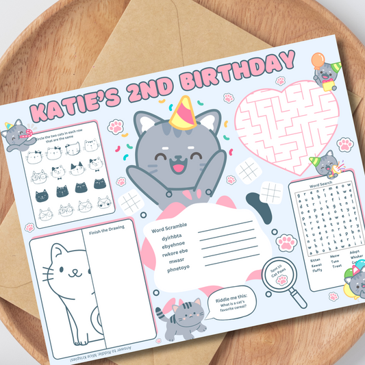 Cat Editable Activity Placemat, Kitty Cat Birthday Activity Page Template in Color