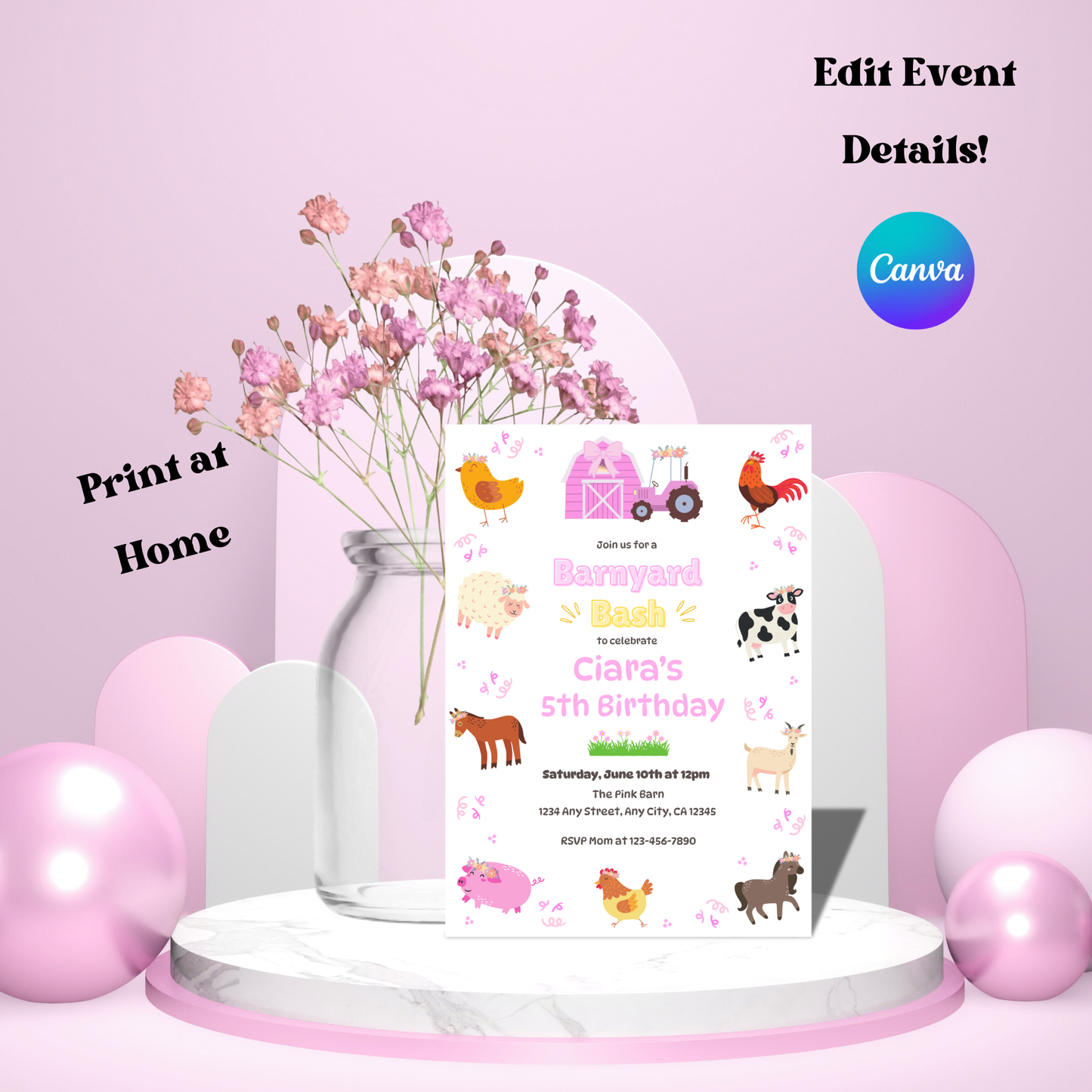 Farm Animals Birthday Invitation: Barnyard Bash Birthday Party Invite, Pastel Farm Animal Themed Invitation (Digital Download 5x7)