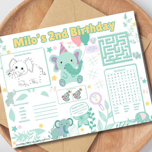 Elephant Editable Activity Placemat, Cute Elephant Birthday Activity Page Template in Color