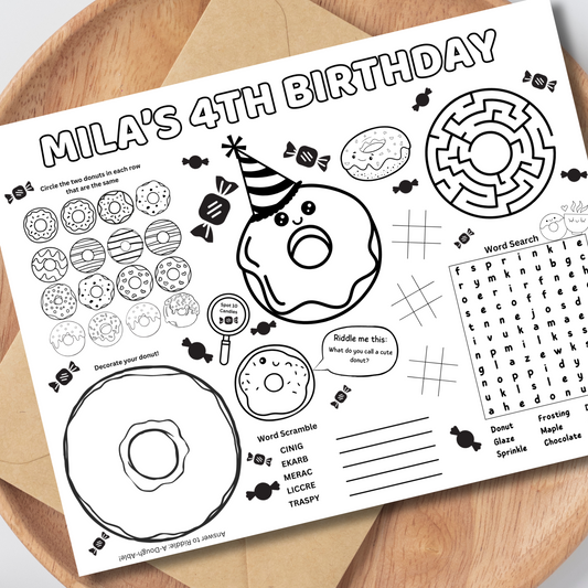 Donut Editable Activity Placemat, Cute Donut Birthday Activity Page Template Black & White