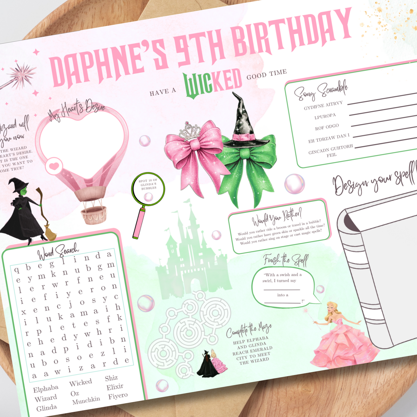 Wicked Themed Activity Placemat, Printable Wicked Party Activity, Oz Coloring Page, Broadway Birthday Party Game, Digital Download In Color