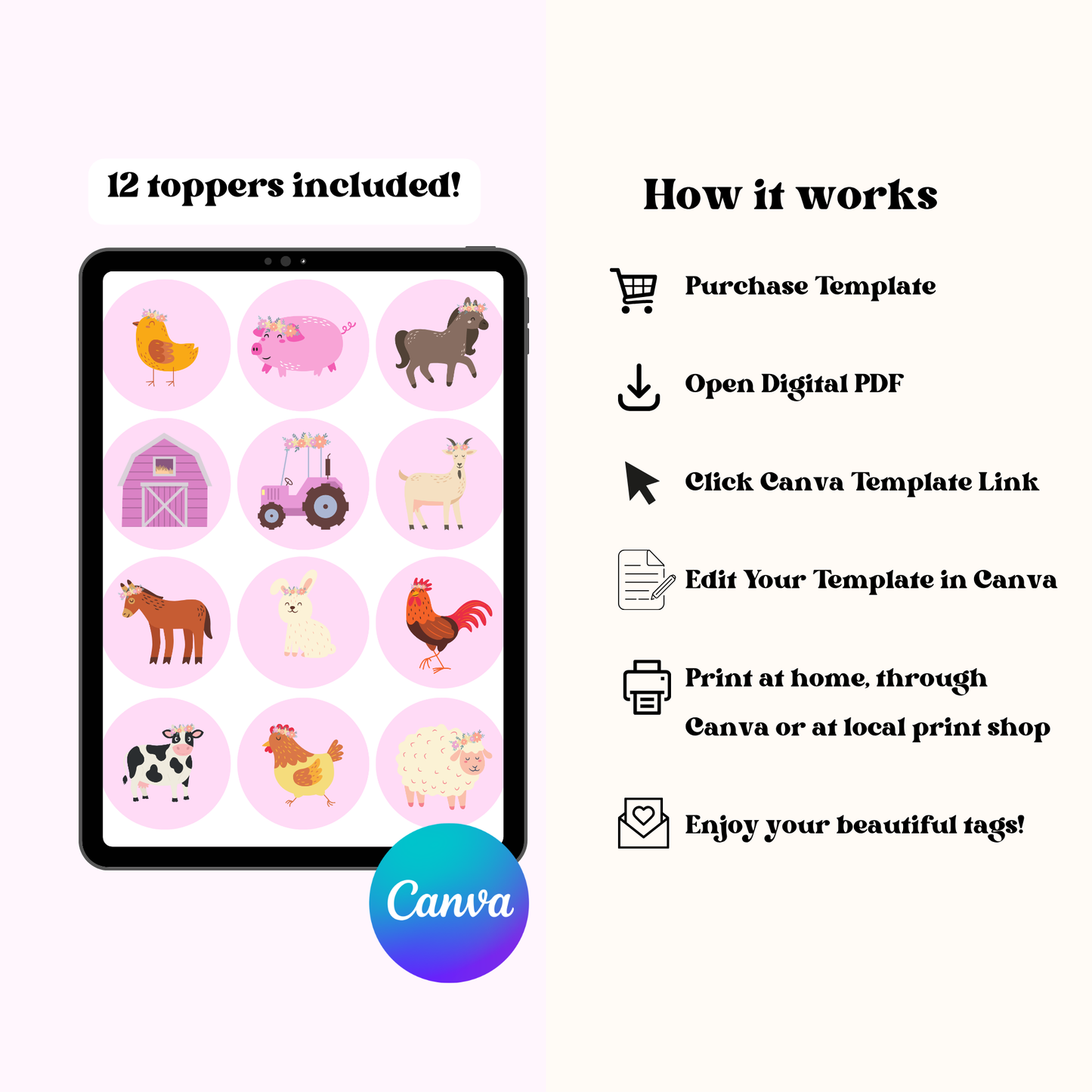 Pink Farm Animals Cupcake Toppers: Barnyard Party Cake Topper Template (Instant Download)