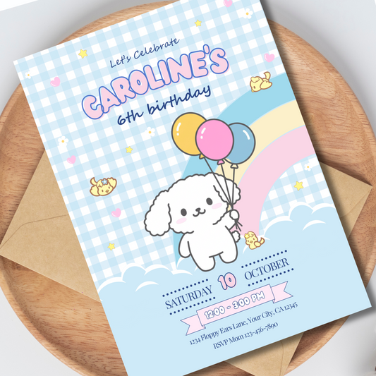 Kawaii Puppy Birthday Invite Editable, Cute Puppy Party Invitation, Party Pup Invite Printable, Blue Gingham Kids Invite 5x7 Hand Drawn