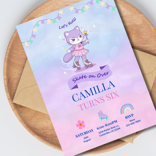 Cat - Let’s Roll! Roller Skating Birthday Invite Editable, Kawaii Party Invitation, Roller Skates Party Invite Printable, 5x7 Hand Drawn