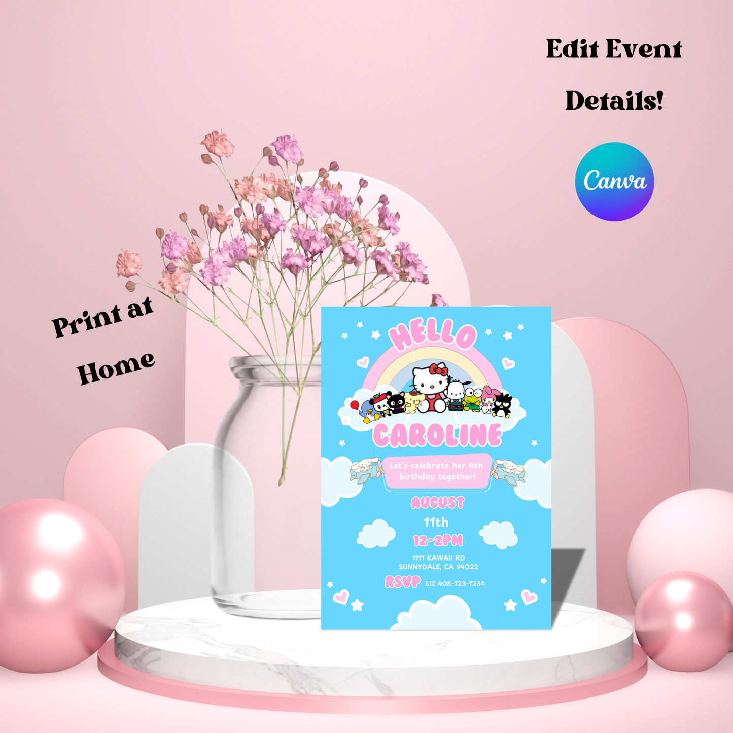 Hello Kitty Birthday Invite Editable, Printable Sanrio Invitation 5x7 Instant Download