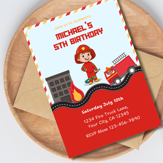 Firefighter Birthday Invitation, Editable Fire Truck Party Invite for Kids, Fireman Theme Birthday Template, Instant Download