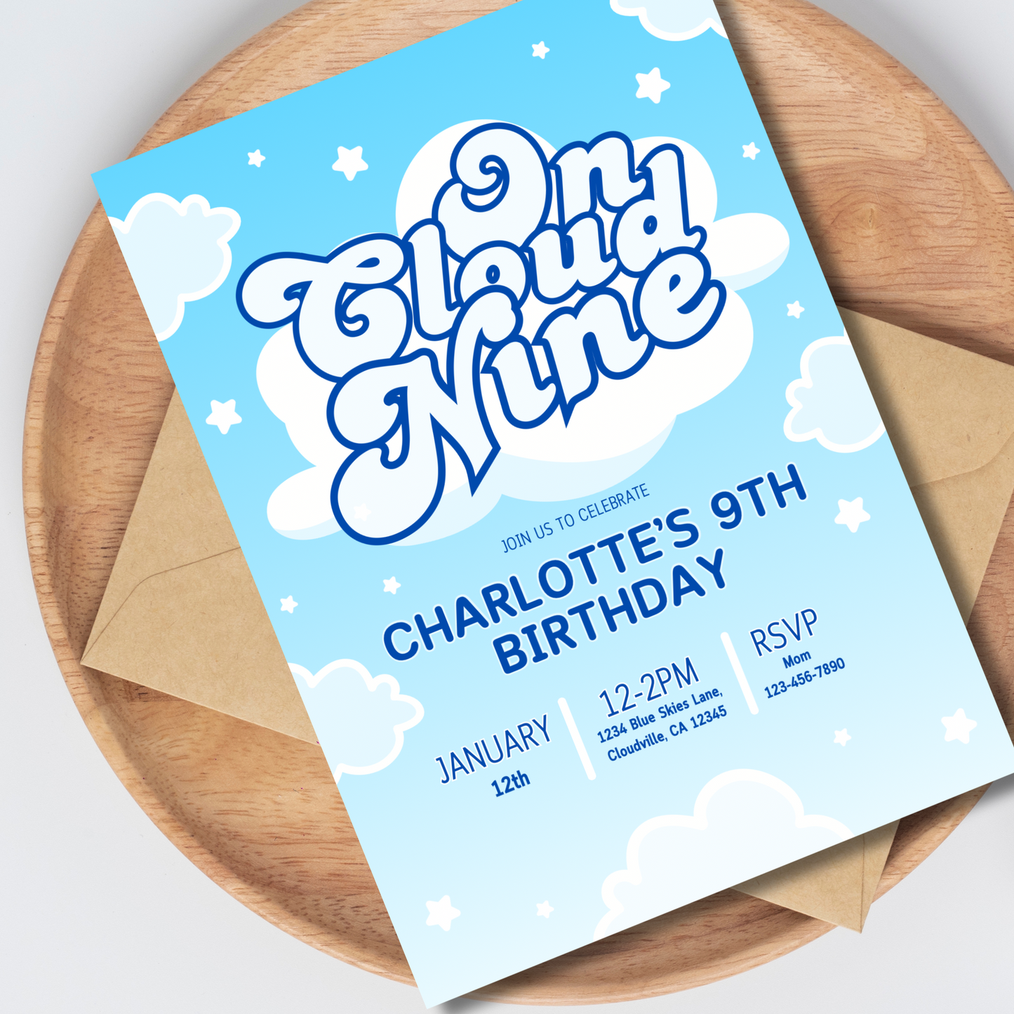 On Cloud Nine Invite Editable, Cute Blue Cloud Party Invitation, Cloud 9 Sleepover Invite Printable 5x7