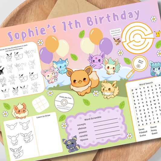 Eeveelution Activity Placemat, Printable Activity Sheet, Kawaii Poke Party Game for Kids, Digital Download In Color