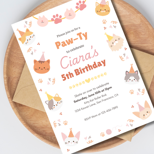 Cat Editable Invitation, Cute Cats Birthday Invite, Kitty Cat Birthday Party, Let's Pawty, Digital Template