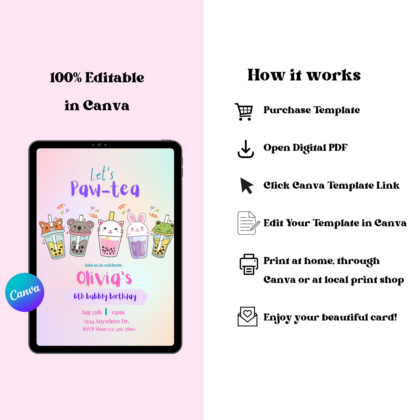 Boba Tea Birthday Invitation, Editable Bubble Tea Party Invite for Kids, Printable Paw-Tea Birthday Template, Instant Download, 5x7