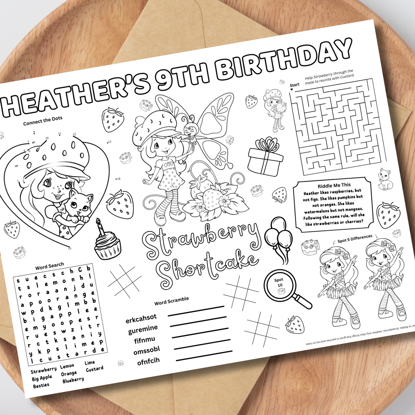 Strawberry Shortcake Editable Activity Placemat Template Black & White