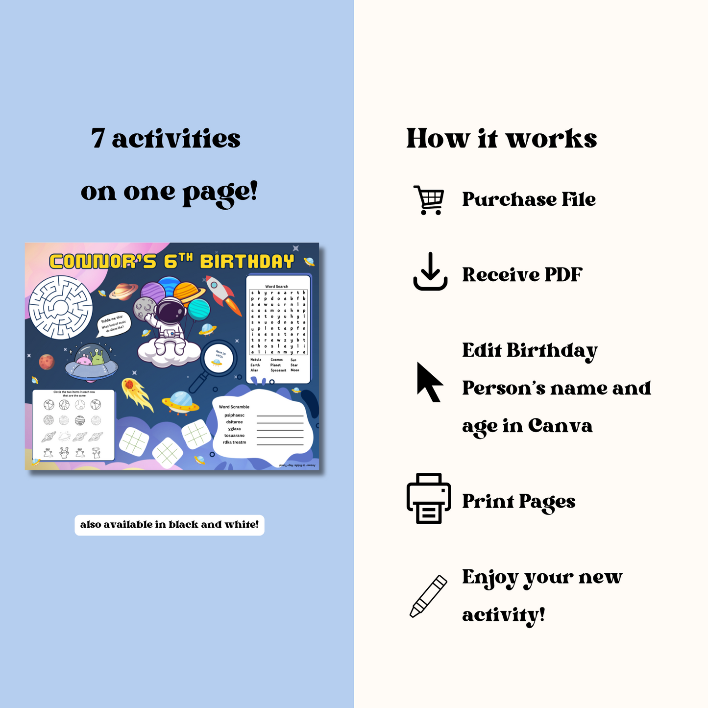 Astronaut Editable Activity Placemat, Birthday Activity Page Template in Color