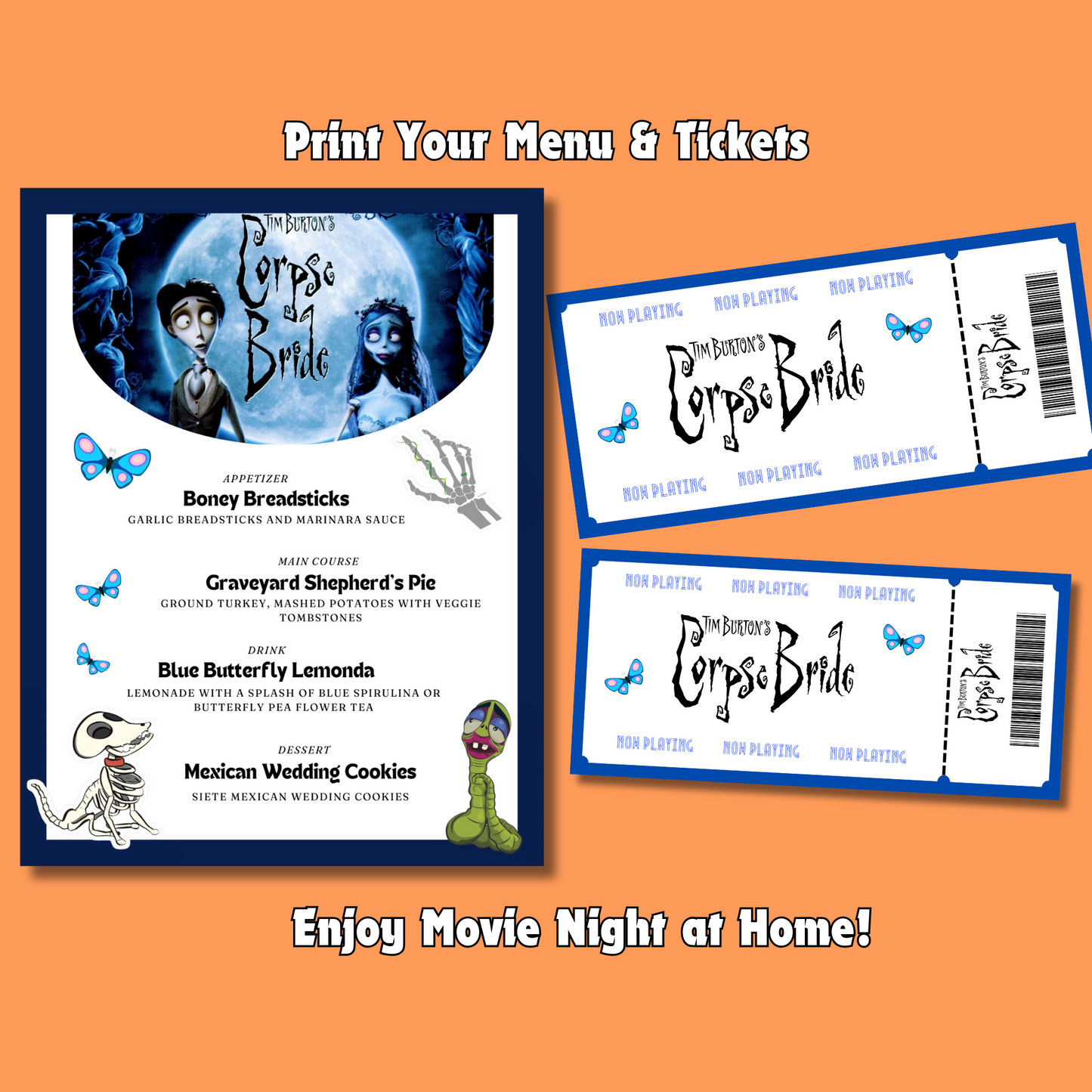 Halloween Dinner and a Movie Night Menus & Tickets, 30+ Halloween Movie Night Ideas for Family Movie Night, Kid Friendly Editable Menus