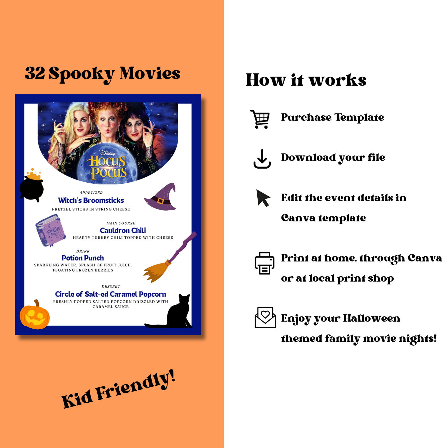Halloween Dinner and a Movie Night Menus & Tickets, 30+ Halloween Movie Night Ideas for Family Movie Night, Kid Friendly Editable Menus
