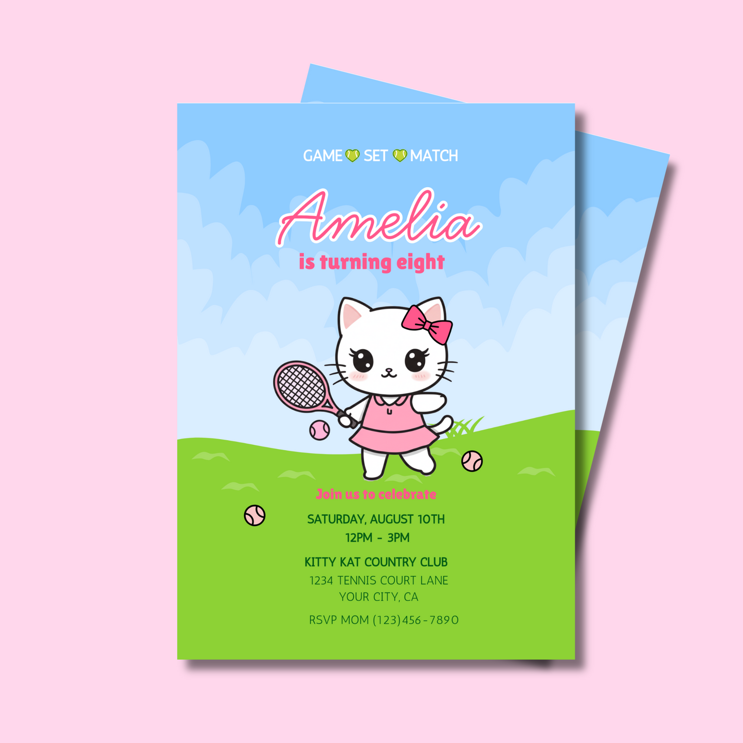 Cat Tennis Party Editable Birthday Invitation, Kawaii Kitty Tennis Invitation, Preppy Pink & Green Invite, Instant Download 5x7