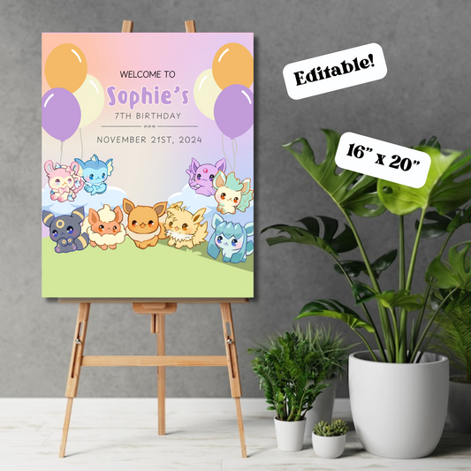 Eevee Editable Welcome Sign, Eeveelutions-Inspired Birthday Welcome Poster Template Instant Download Printable