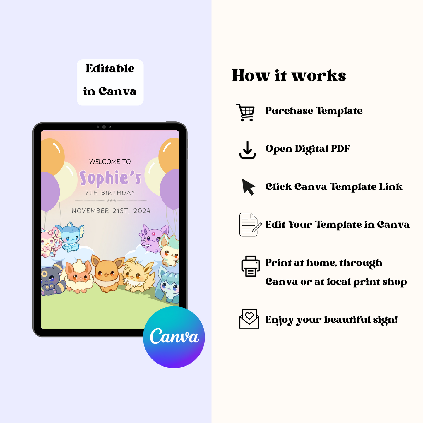 Eevee Editable Welcome Sign, Eeveelutions-Inspired Birthday Welcome Poster Template Instant Download Printable