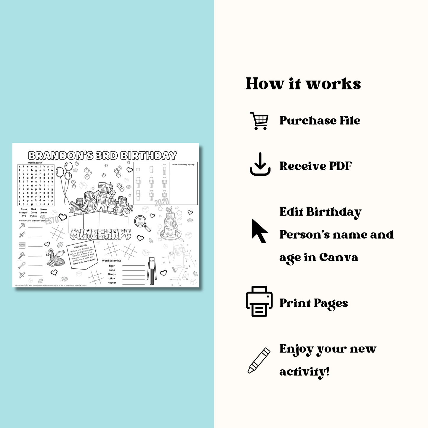 Minecraft Birthday Activity Page Placemat Editable Parody Black & White
