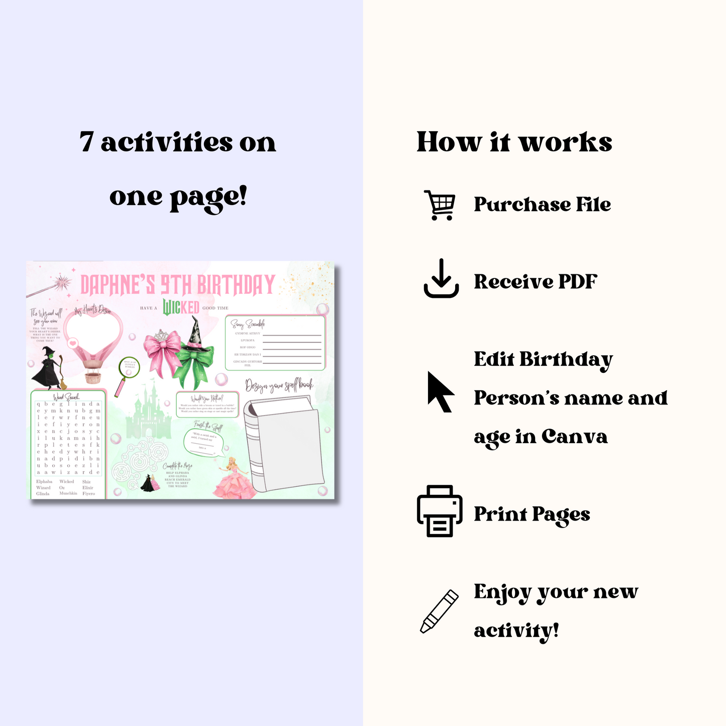 Wicked Themed Activity Placemat, Printable Wicked Party Activity, Oz Coloring Page, Broadway Birthday Party Game, Digital Download In Color