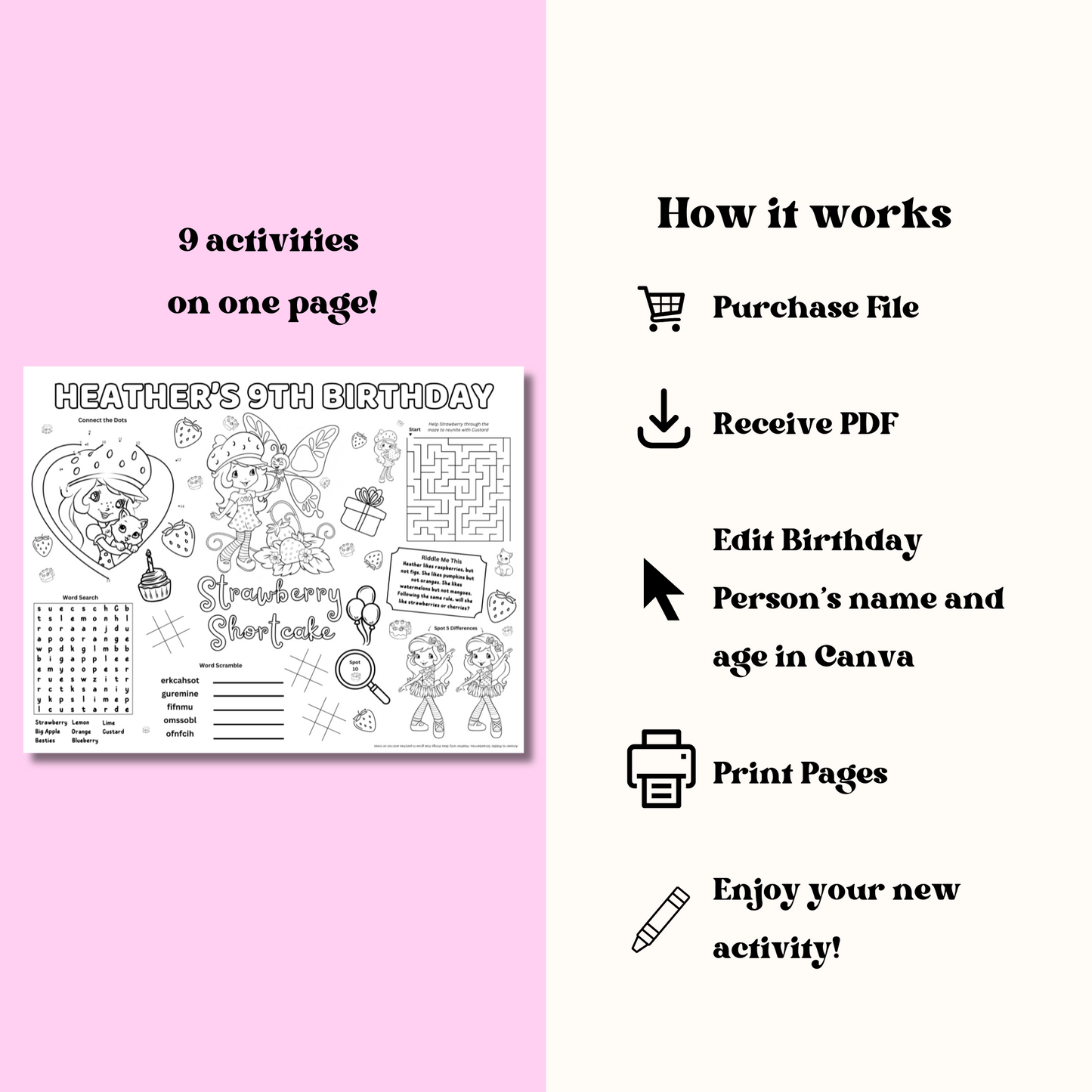 Strawberry Shortcake Editable Activity Placemat Template Black & White