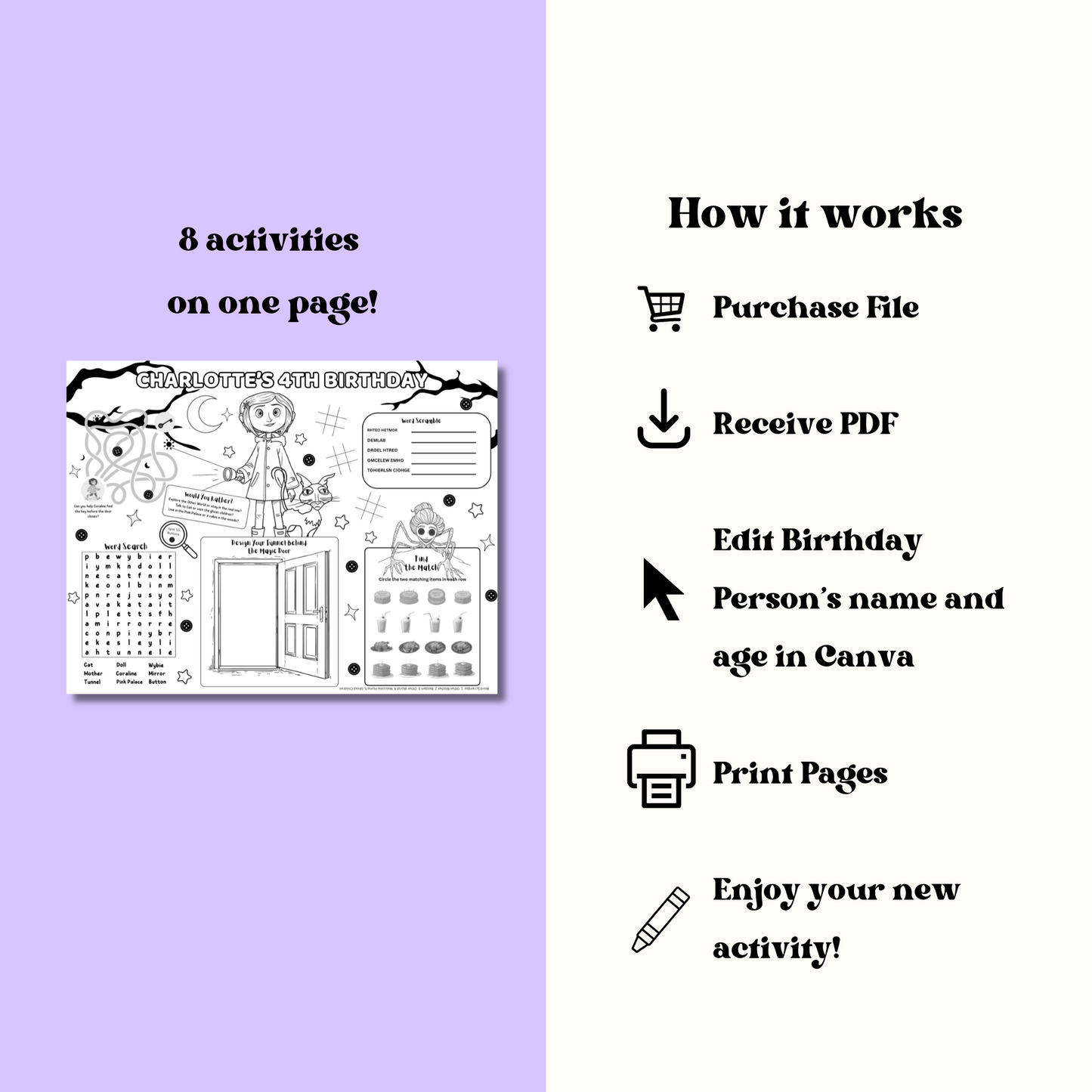 Coraline Editable Activity Placemat Template Black & White