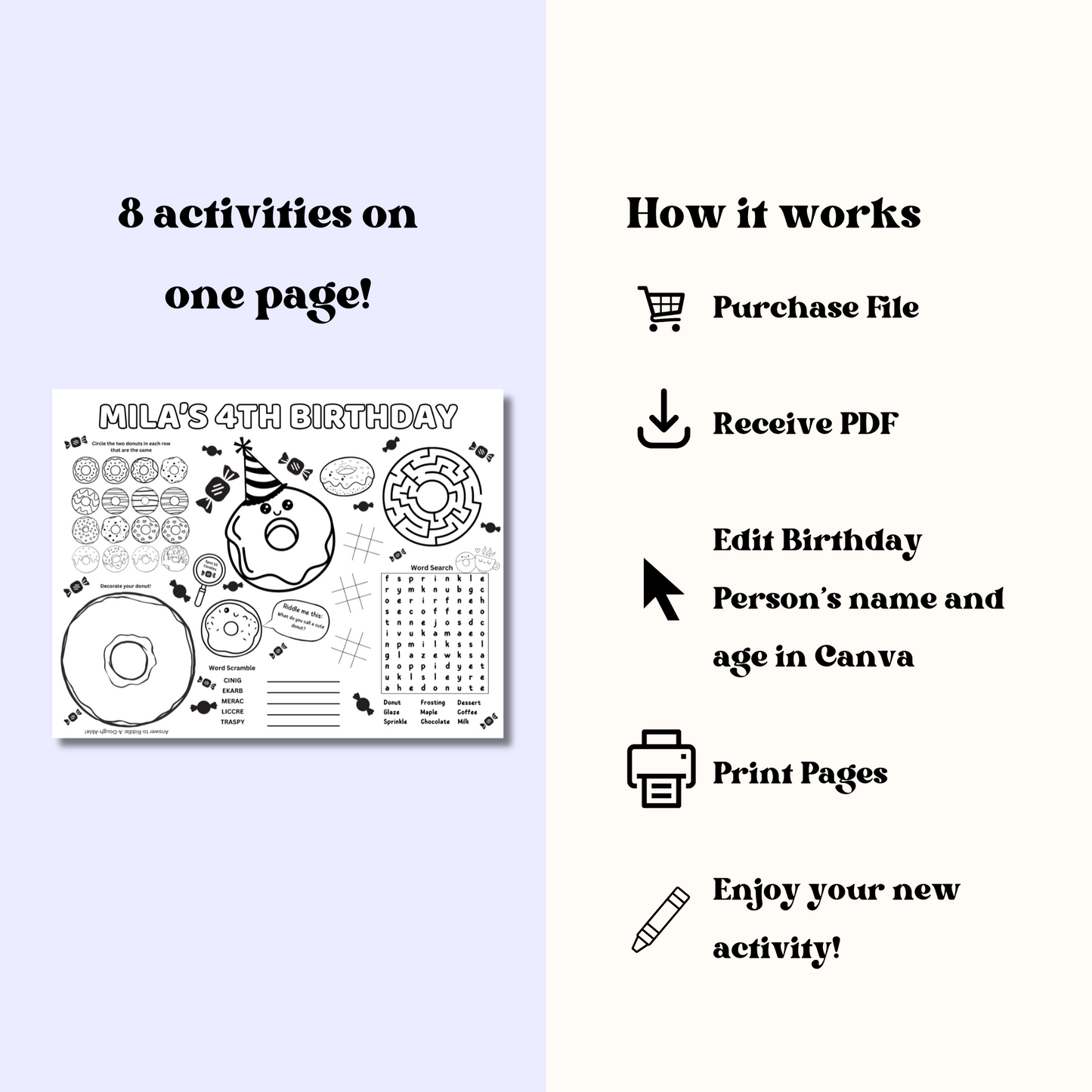 Donut Editable Activity Placemat, Cute Donut Birthday Activity Page Template Black & White