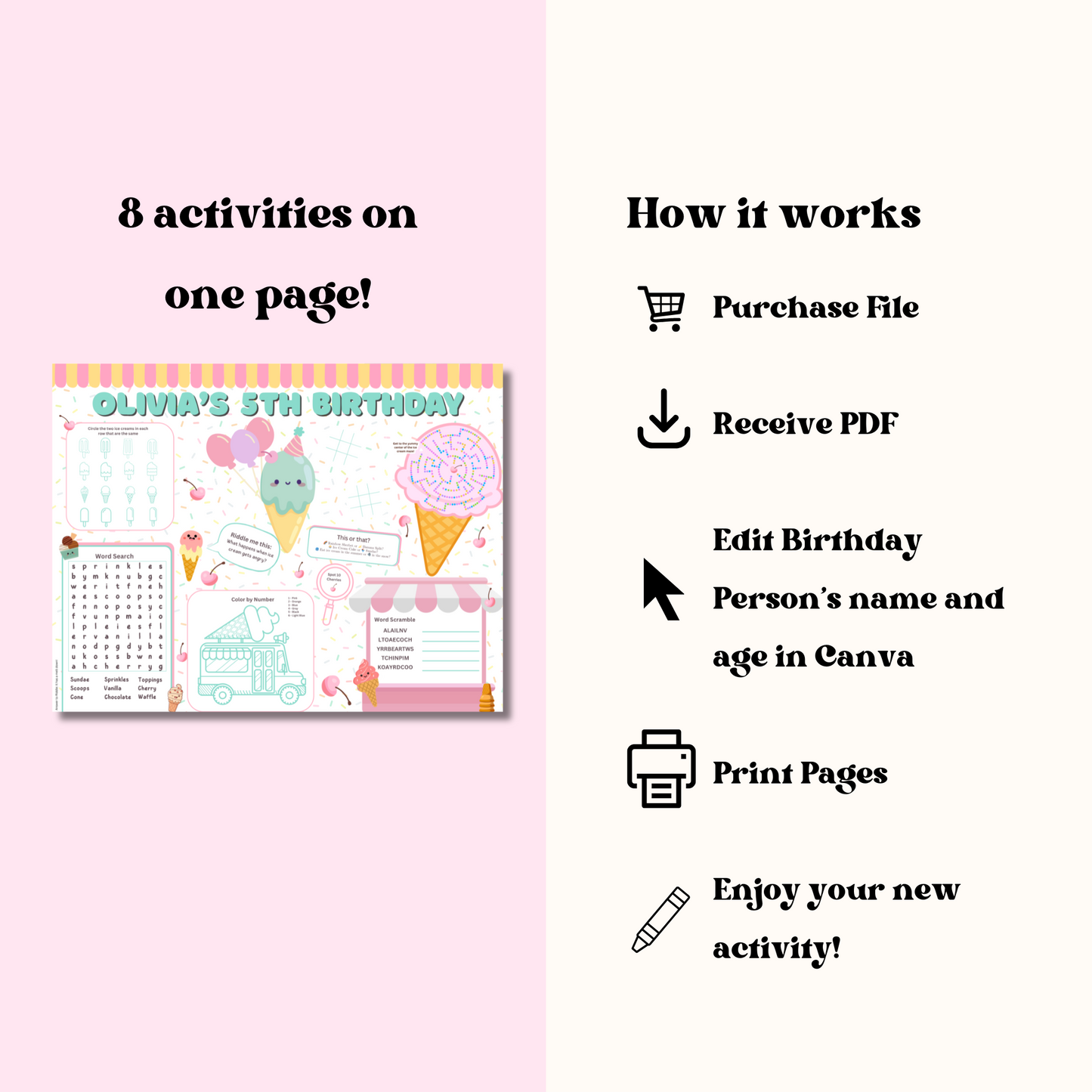 Ice Cream Activity Placemat, Printable Summer Activity Sheet, Ice Cream Party Game for Kids, Digital Download In Color