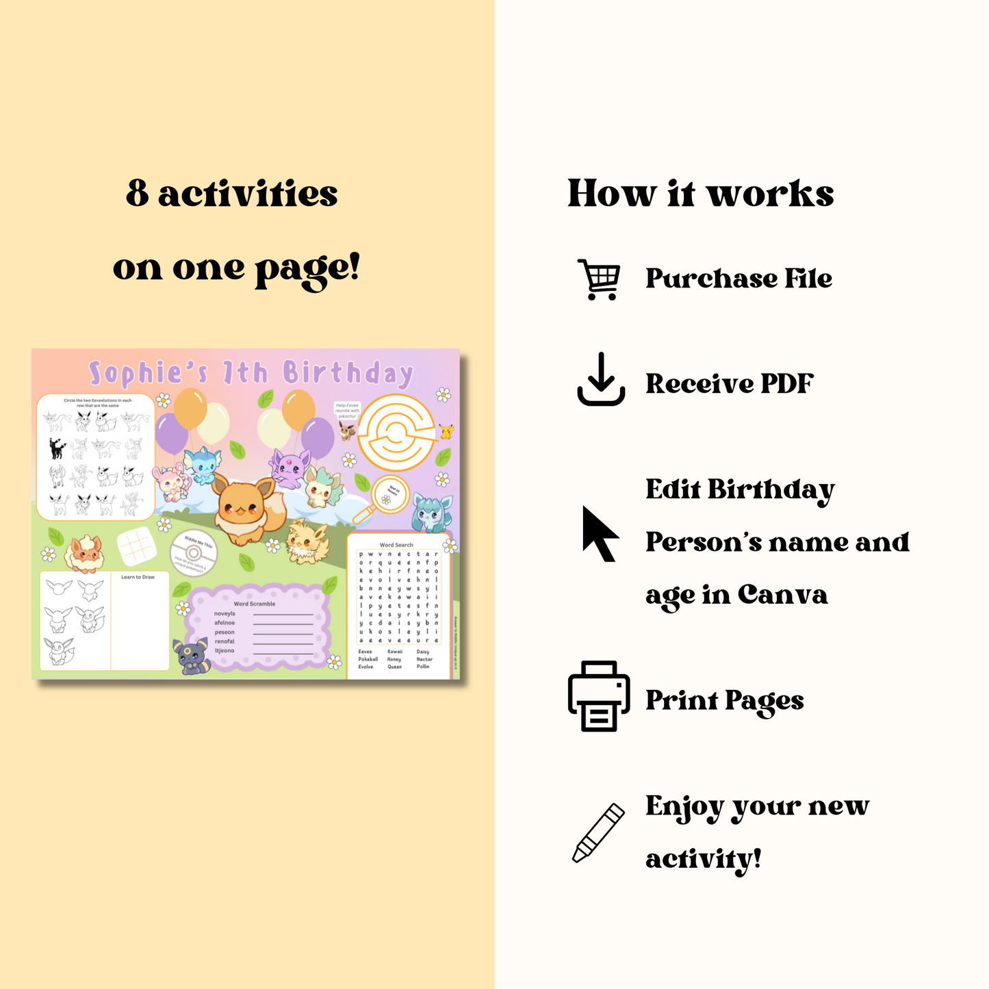 Eeveelution Activity Placemat, Printable Activity Sheet, Kawaii Poke Party Game for Kids, Digital Download In Color