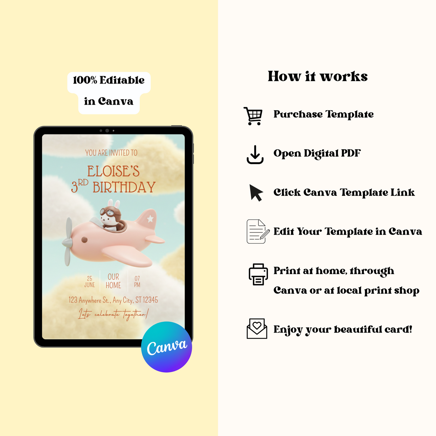 Airplane Kawaii Bunny Pilot Birthday Invitation, Editable Invite, Instant Download 5x7