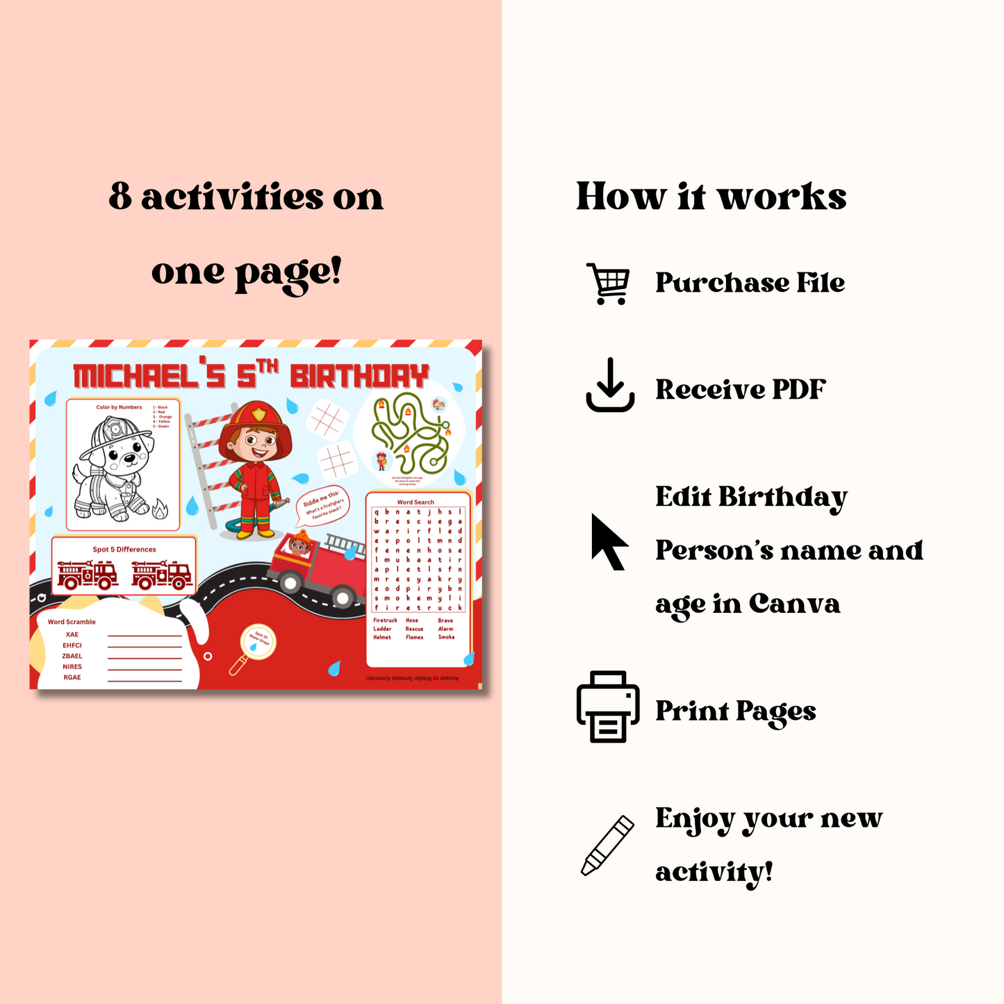 Firefighter Editable Activity Placemat, Kids Firefighter Birthday Activity Page Template in Color