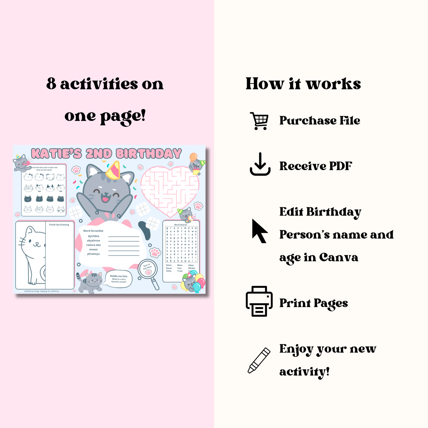 Cat Editable Activity Placemat, Kitty Cat Birthday Activity Page Template in Color