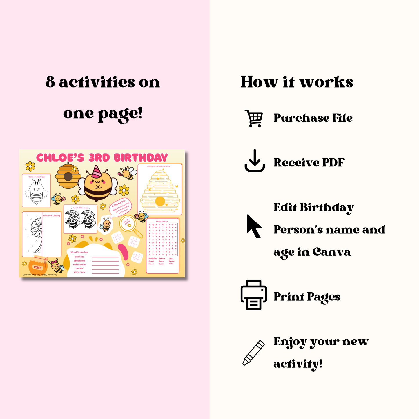 Bee Editable Activity Placemat, Honey Bee Birthday Activity Page Template in Color