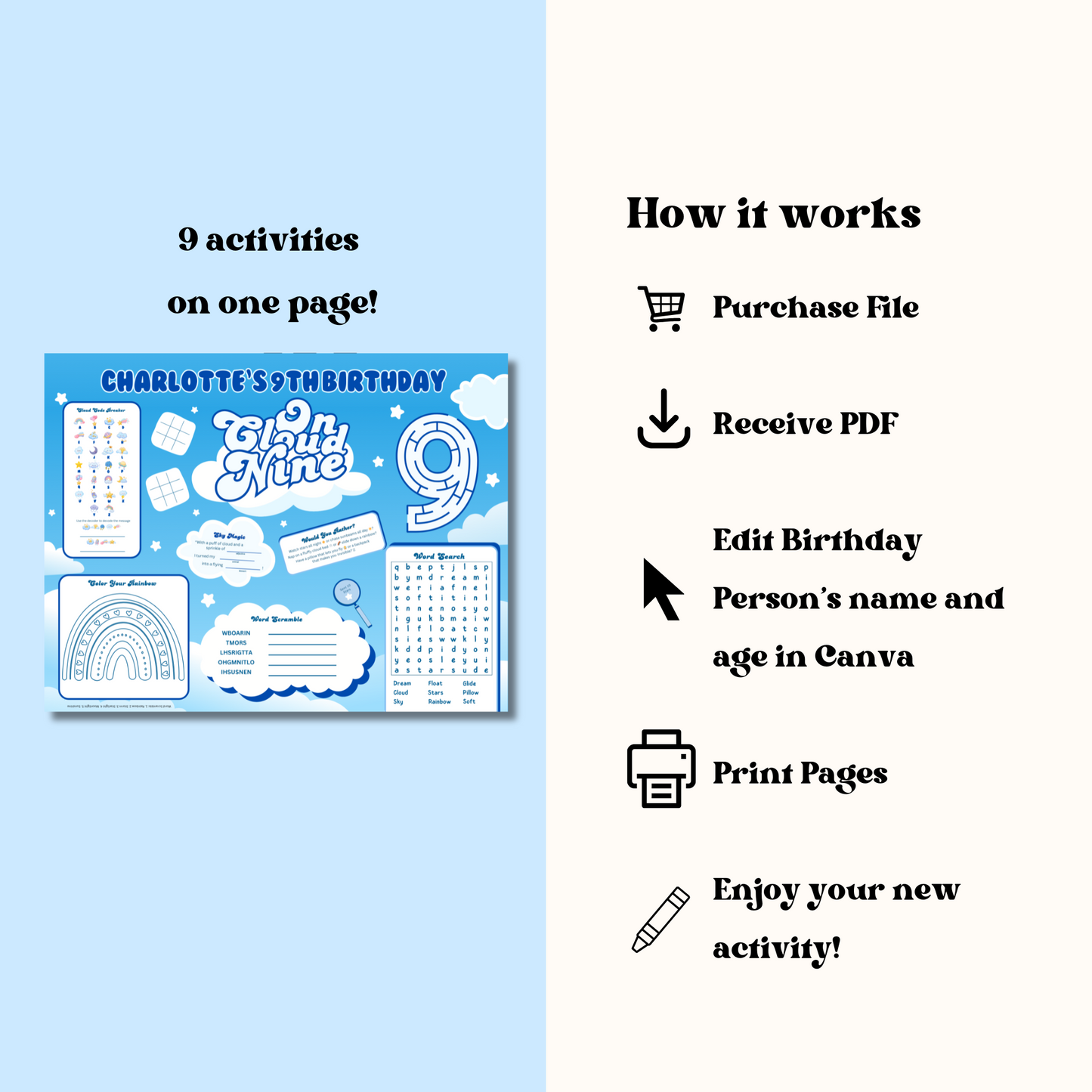 Cloud 9 Birthday Activity Placemat, Editable Cloud 9 Girls Activity Sheet Template, Digital Download In Color