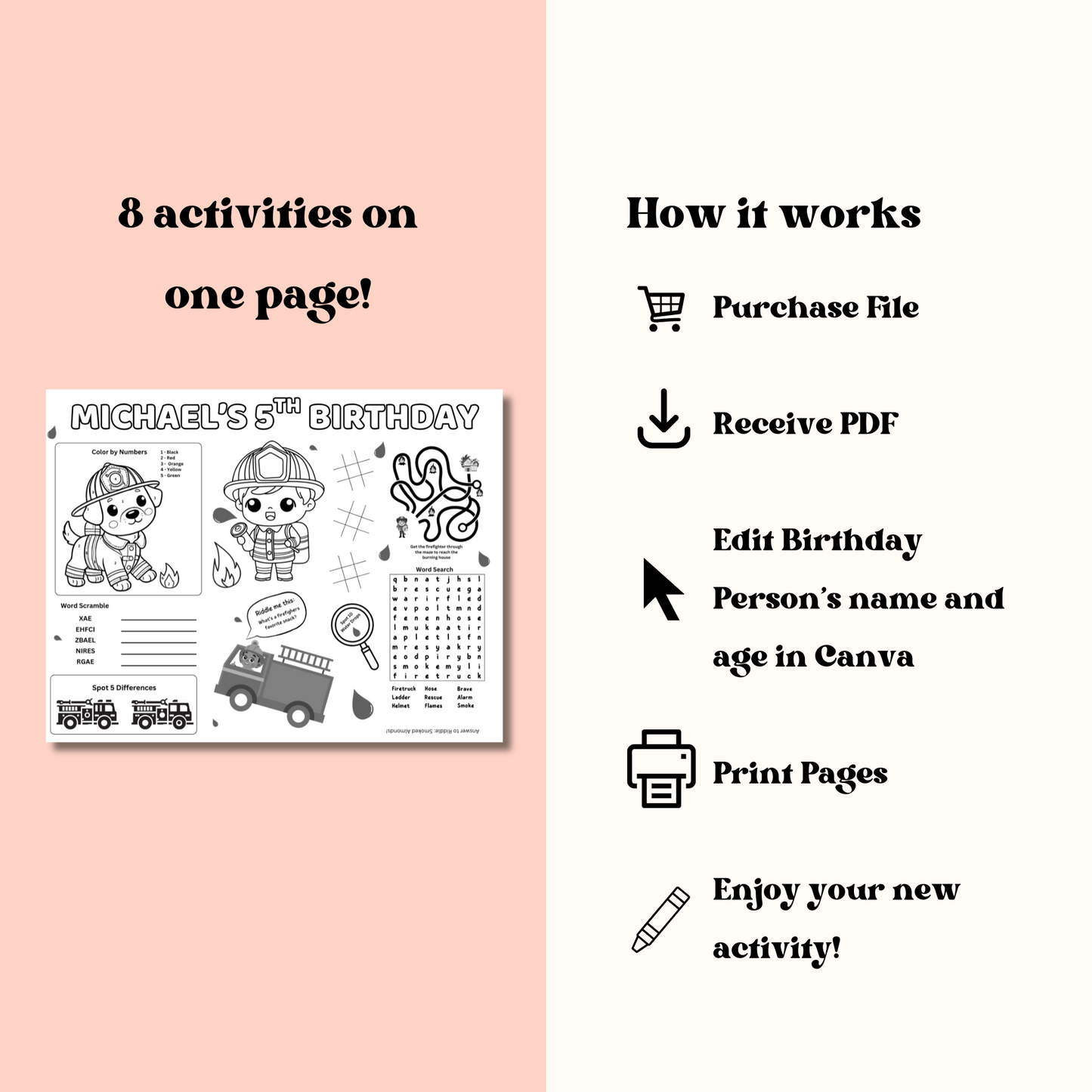 Firefighter Editable Activity Placemat, Kids Firefighter Birthday Activity Page Template Black & White