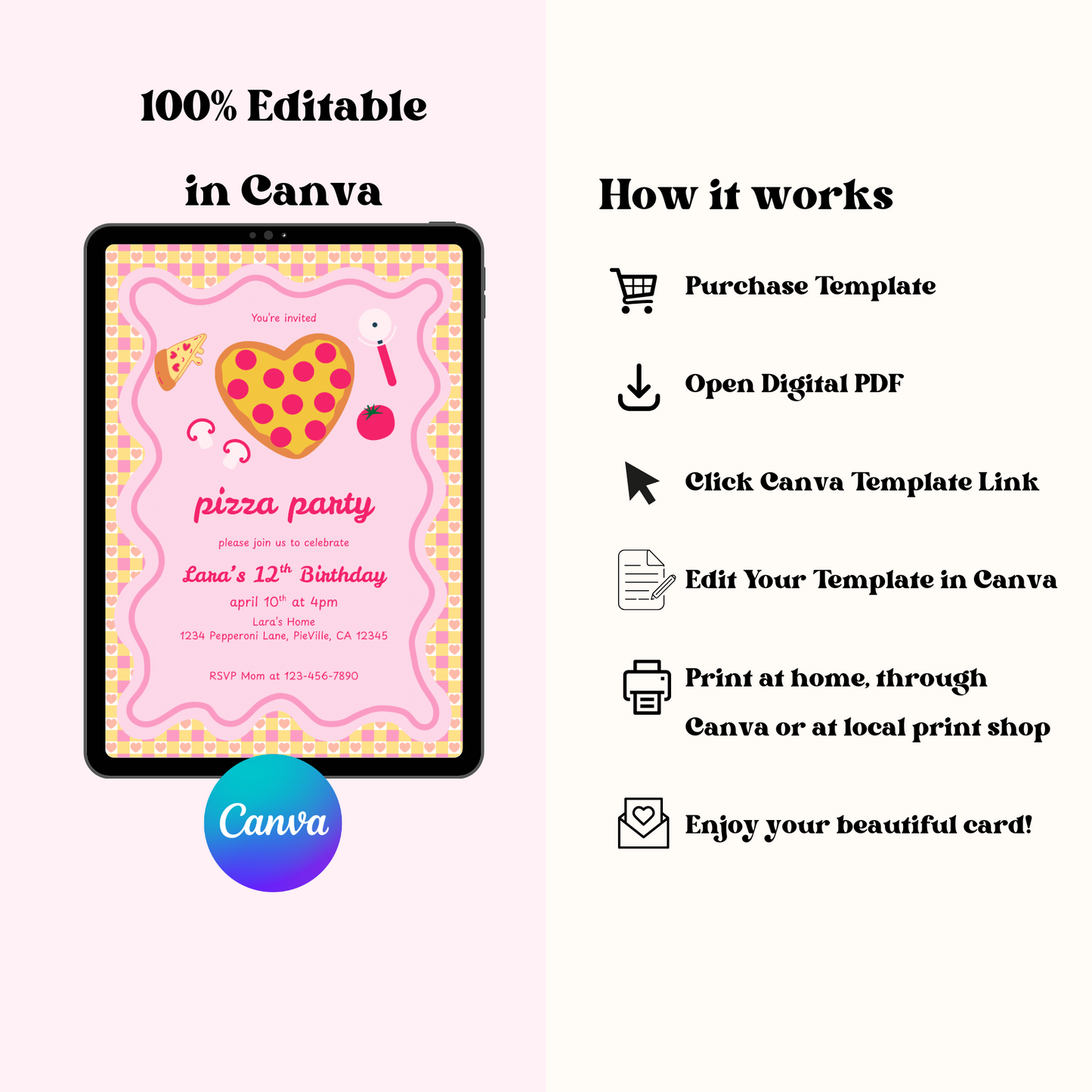 Pizza Party Invite Editable, Pink Girls Pizza Party Invitation, DIY Pizza Party Invite Printable 5x7