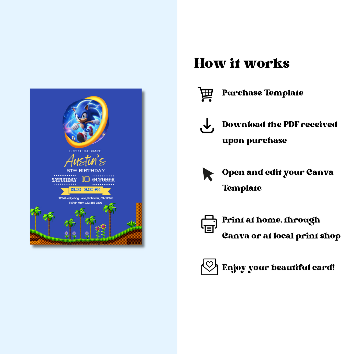Sonic Birthday Invitation, Video Game Party Invite, Blue Boys Bday Invite, Instant Download, 5x7