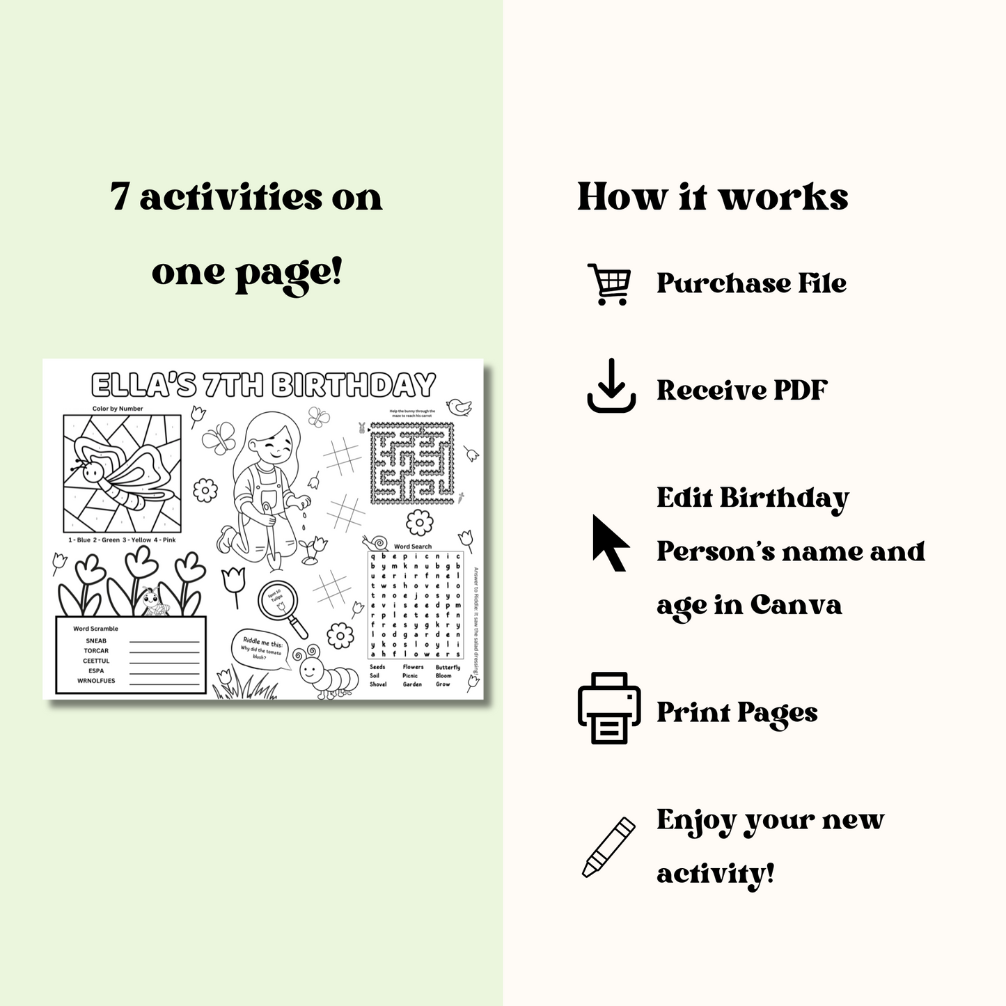 Garden Editable Activity Placemat, Kids Garden Birthday Activity Page Template Black & White
