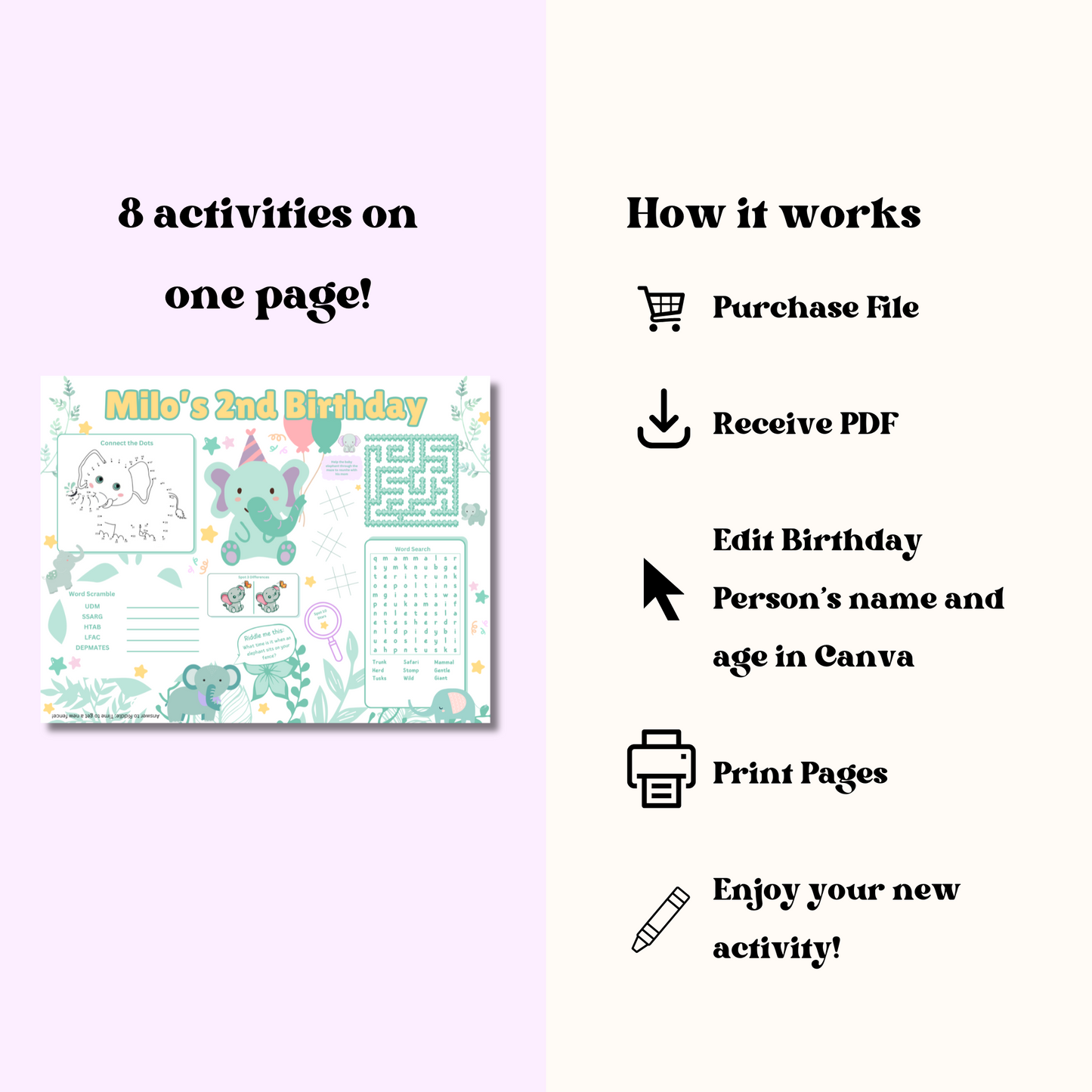 Elephant Editable Activity Placemat, Cute Elephant Birthday Activity Page Template in Color