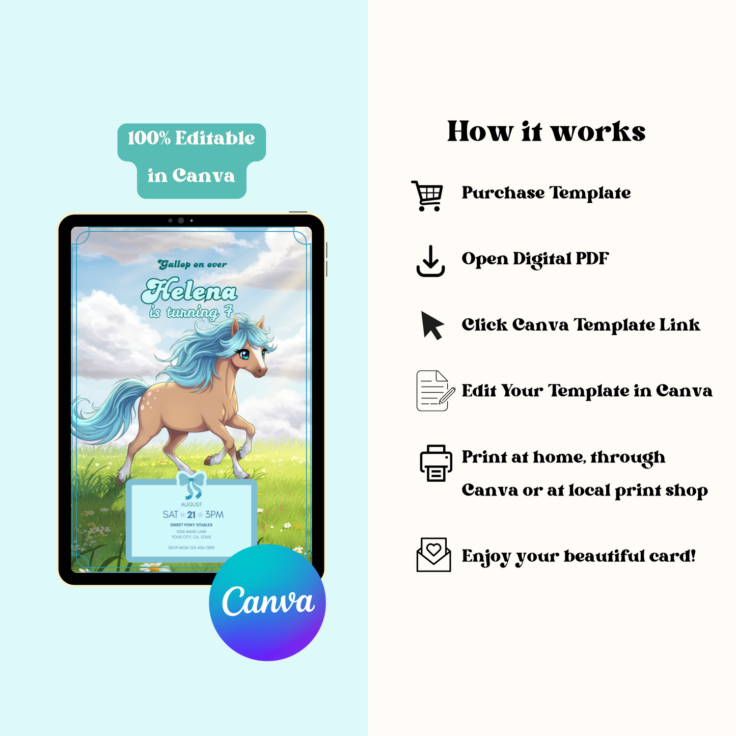 Horse Editable Birthday Invitation, Beautiful Horse Invitation, Cute Gallop on Over Invite, Instant Download 5x7
