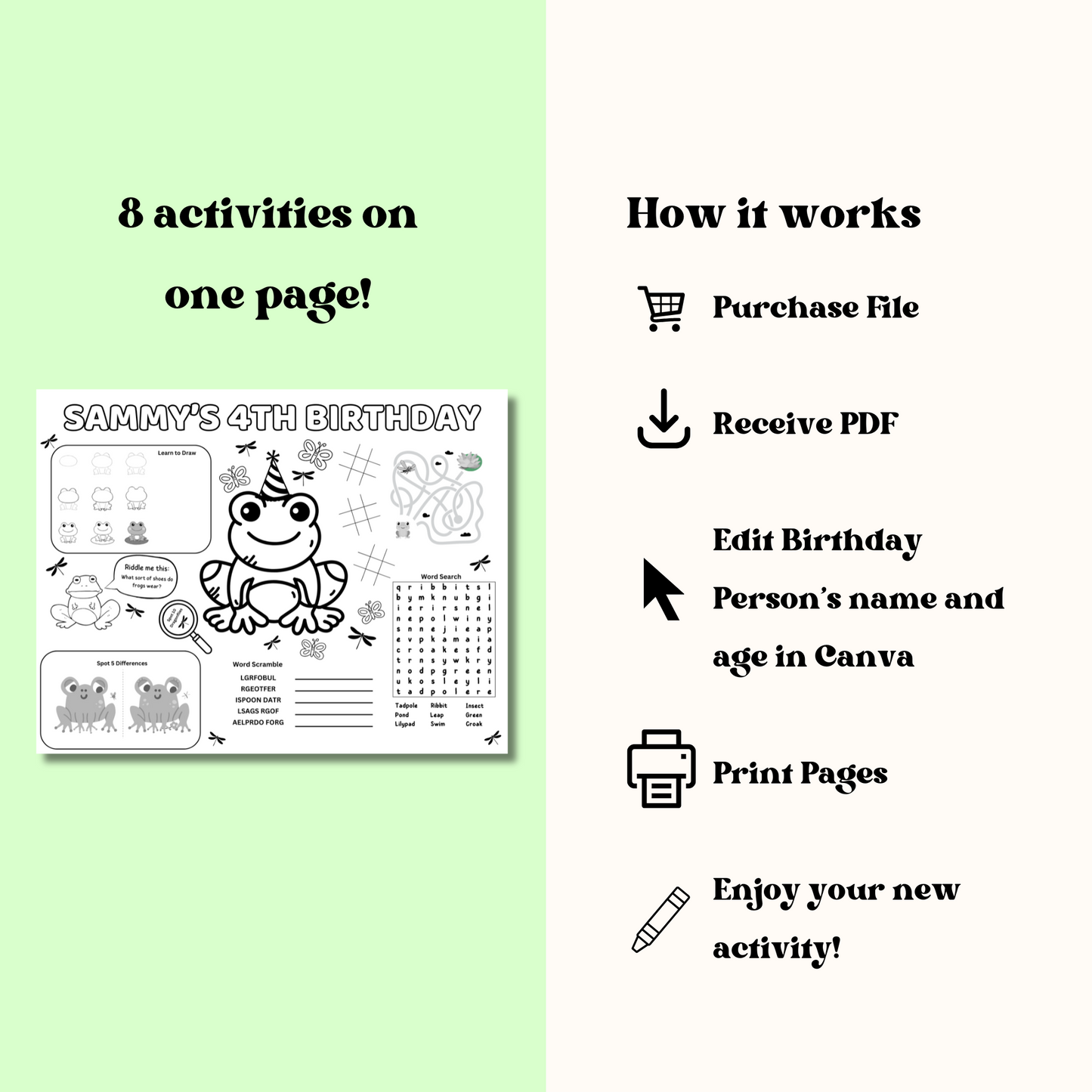 Frog Editable Activity Placemat, Kids Firefighter Birthday Activity Page Template Black & White