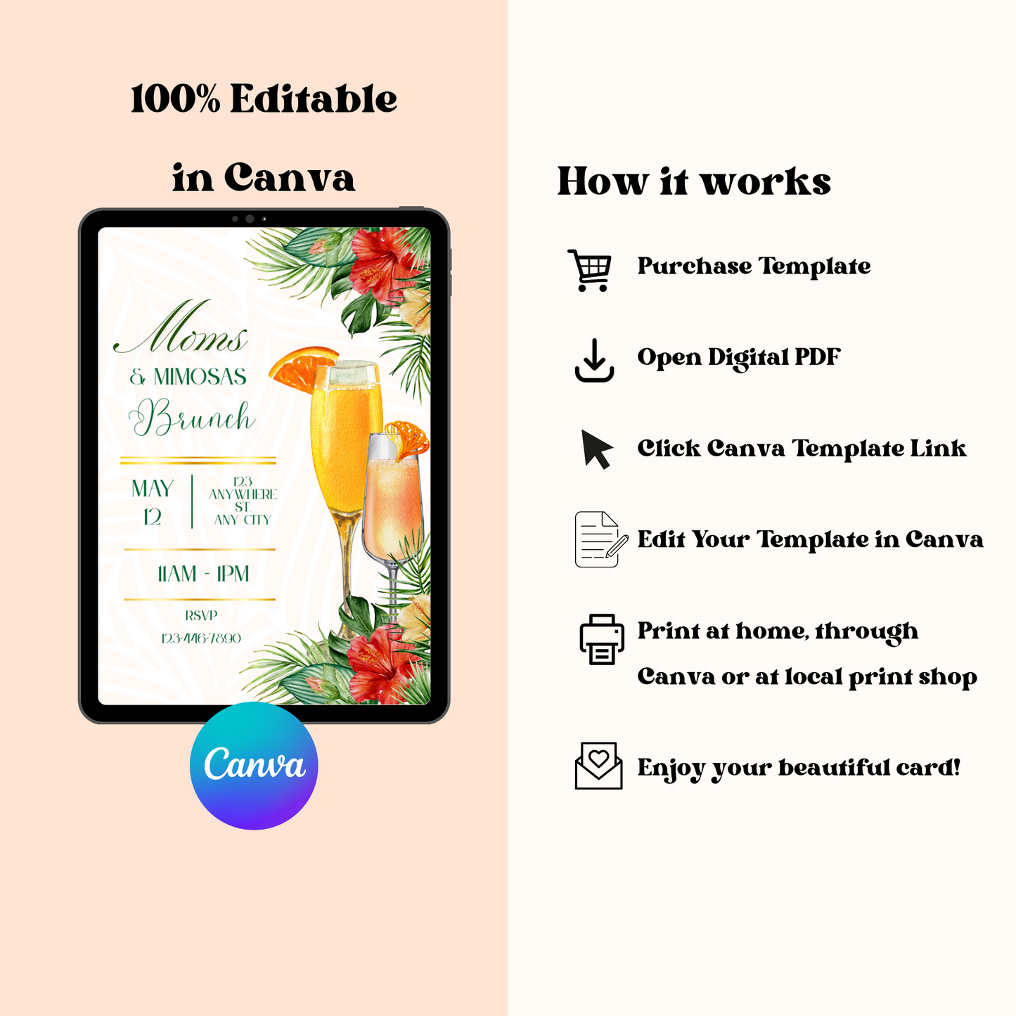 Moms & Mimosas Invite Editable, Mothers Day Celebration Invitation, Mothers Day Brunch Invite, Tropical Mimosa Brunch Party Printable 5x7